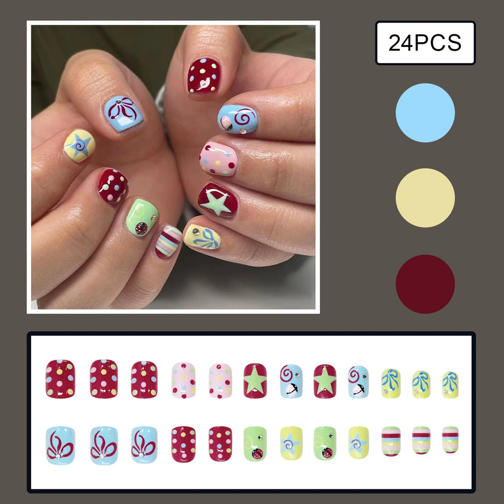 Colorful Polka Dot & Star Y2K Press-On Nails – Short Round, 24 Pcs