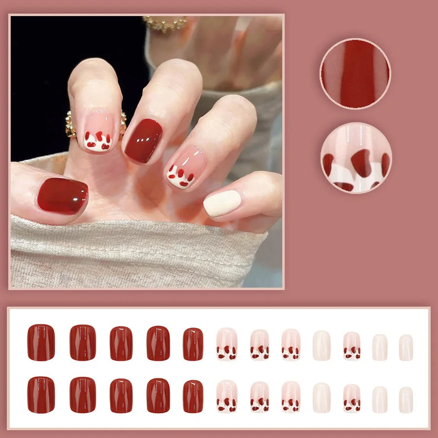 Short square fake nails for women girls nude red nail tips with red white Milk graffiti print full cover press on false nail set