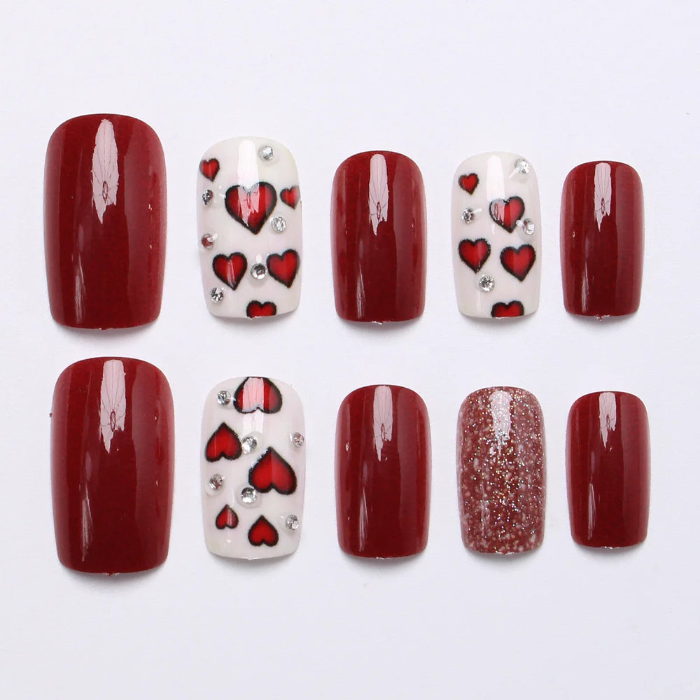 Red Heart Rhinestone Valentine's French Press-On Nails – Medium Square