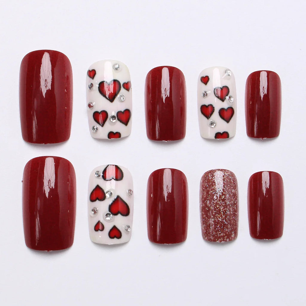 Medium square fake nails for Valentine's Day cute red heart with rhinestones design full cover french nail tips press on nails