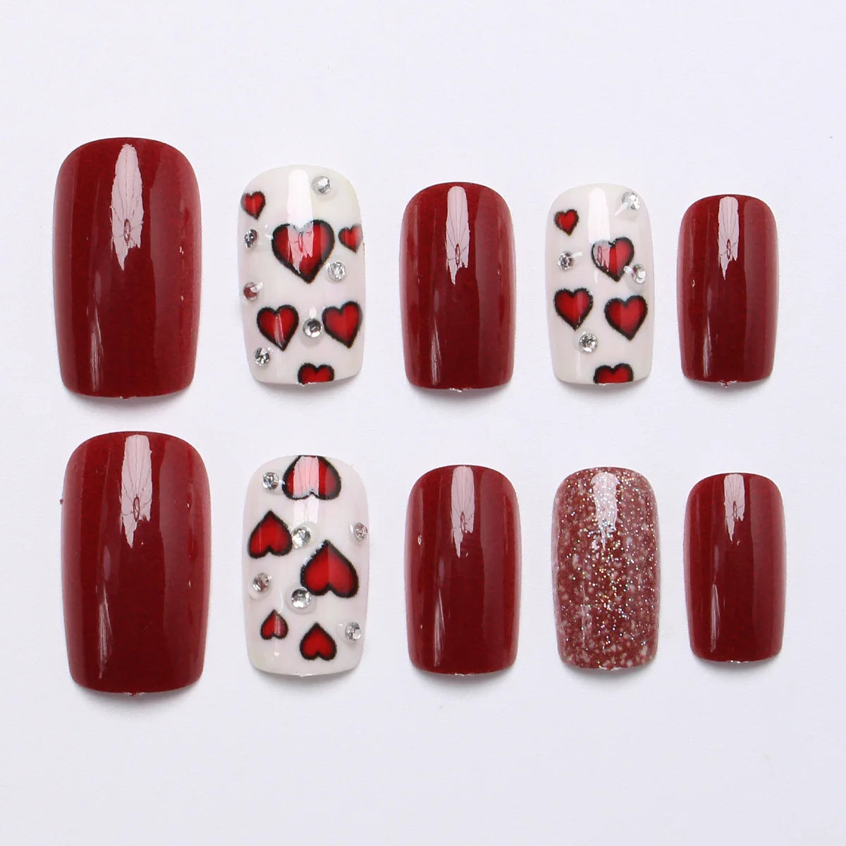 Medium square fake nails for Valentine's Day cute red heart with rhinestones design full cover french nail tips press on nails