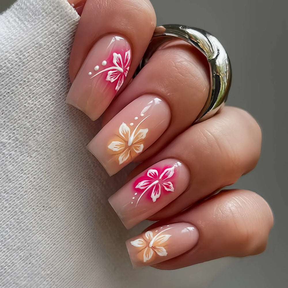Purple Blue Red Brown Flower & Butterfly Ballet Press-On Nails – Short/Medium Square, 24 Pcs