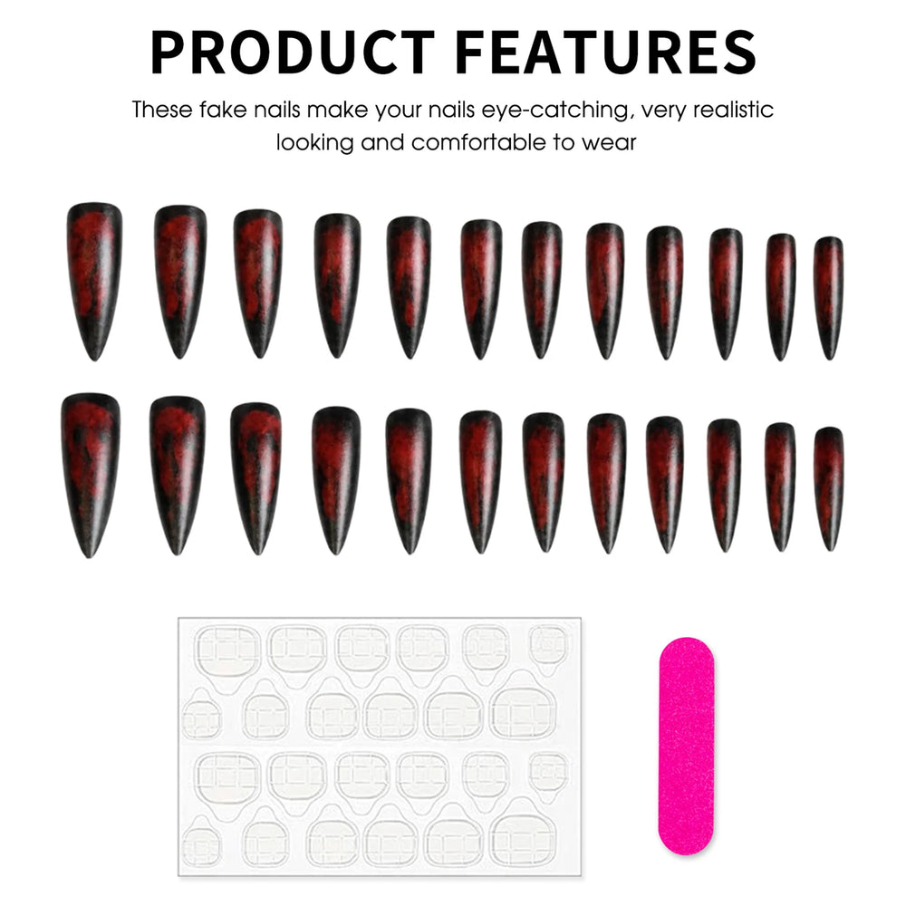 Black Matte Blood-Red Ombre Press-On Nails – Long Stiletto, 24 Pcs