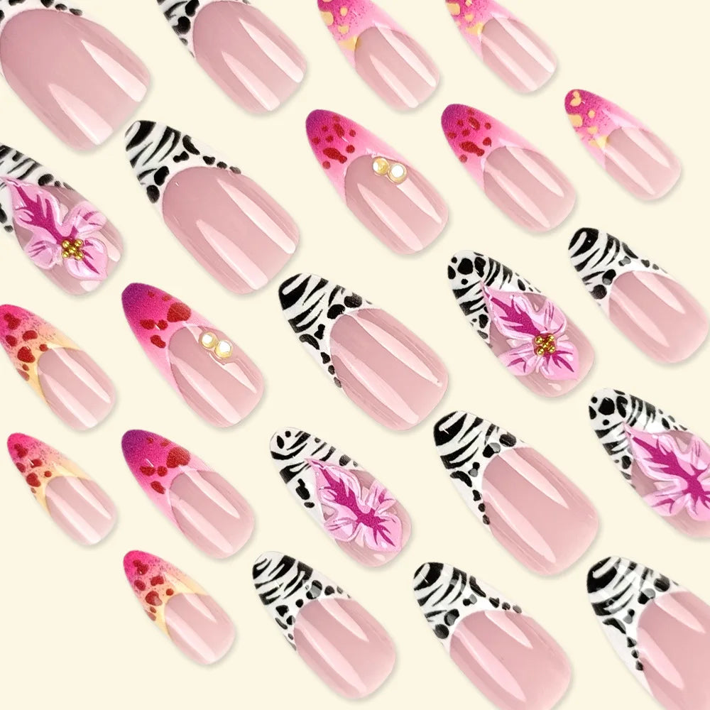 Medium long fake nails for women gilrs 3D flowers with leopard print gradietn pink nude square almond nail tips press on nails