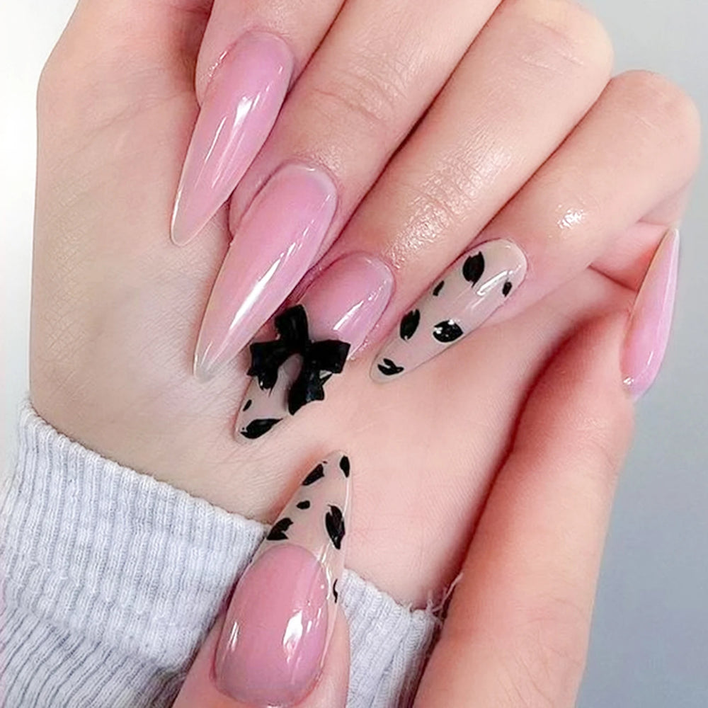 Leopard & Floral French Tip Press-On Nails – Almond, 24 Pcs