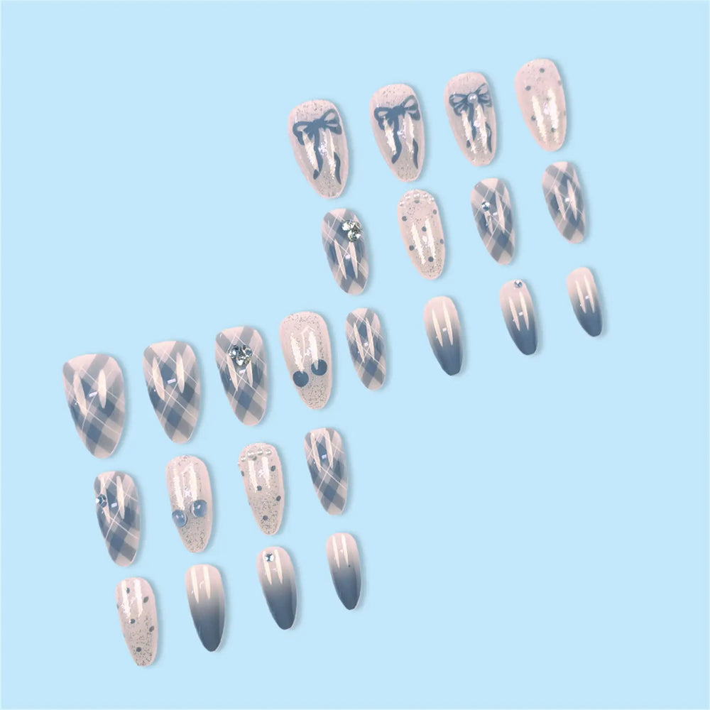 Blue-Grey Ombre Sheer Gem Press-On Nails – Almond, 24 Pcs