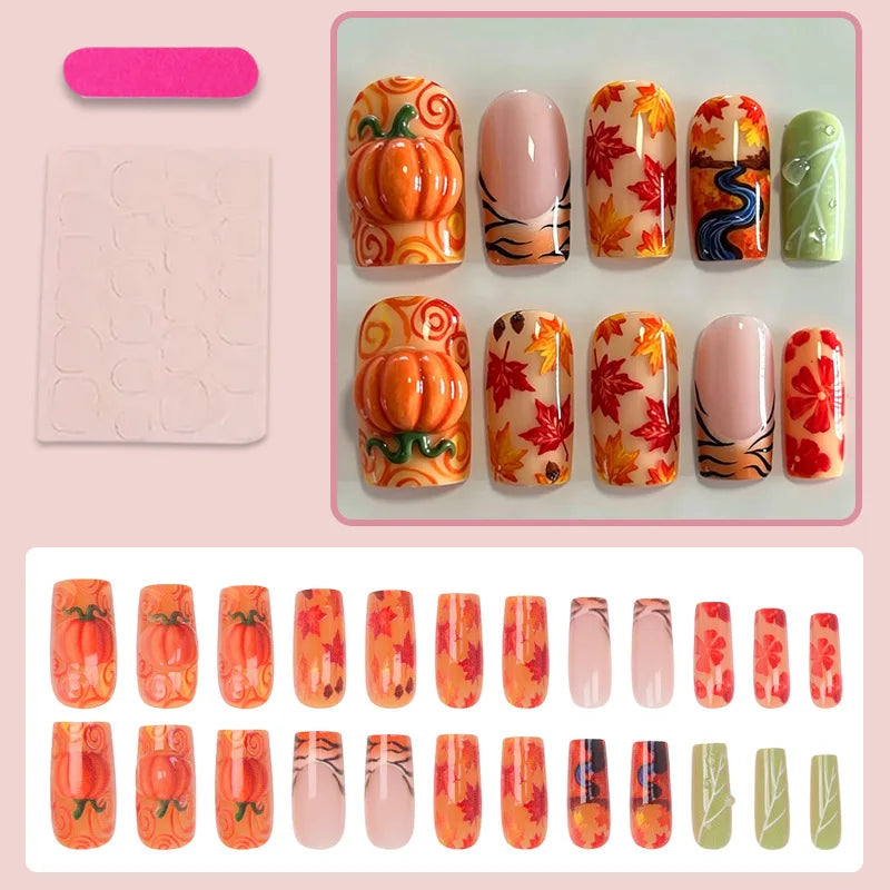 Pumpkin & Maple Leaf 3D Halloween French Press-On Nails – Square, 24 Pcs