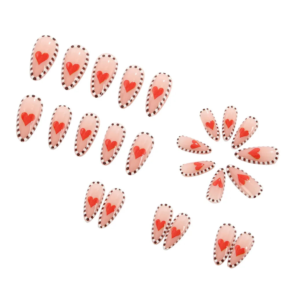 Medium Almond Fake Nails for Women Girls Red Pink Heart with Polka Dots Design for Valentine's Day Manicure Press On False Nail