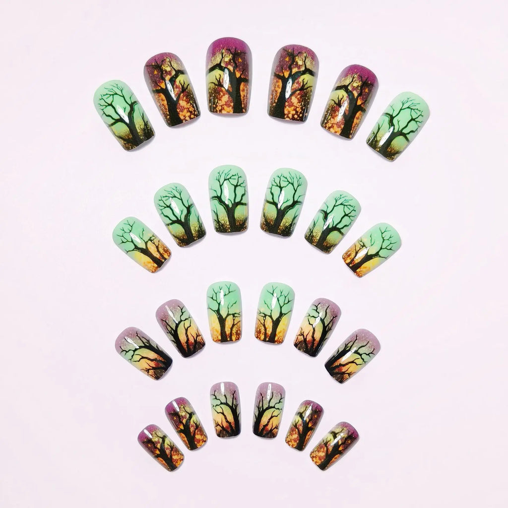 Medium square fake nails for women Gradient yellow green mysterious forest for Halloween Full cover press on acrylic false nail