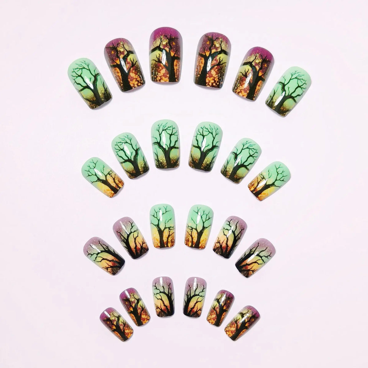 Medium square fake nails for women Gradient yellow green mysterious forest for Halloween Full cover press on acrylic false nail