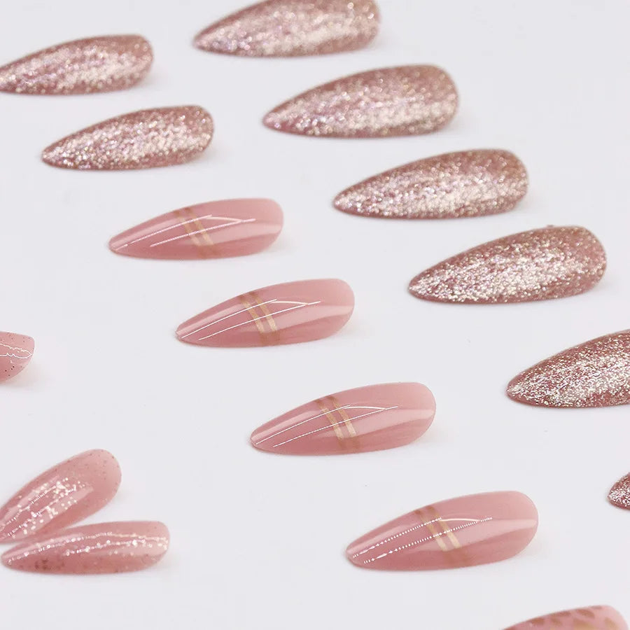 Medium fake nails for women gilr Nude pink almond nail tips with sparkling glitters french strips full cover press on false nail