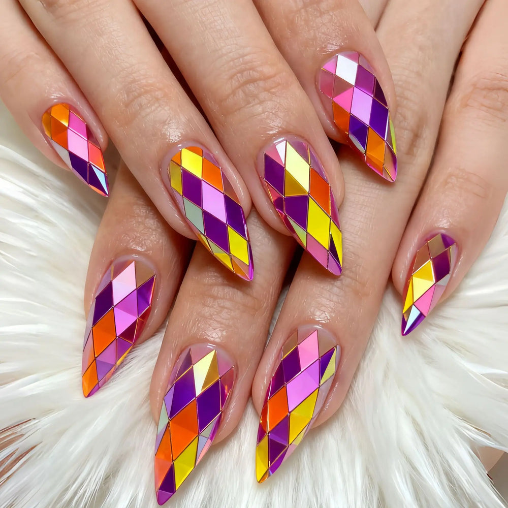 3D Metallic Rhombus Aurora Almond Press-On Nails – Purple Blue Green, 24 Pcs