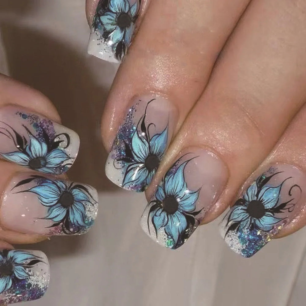 Nude Square Press-On Nails with Blue Flowers & Glitter – Short
