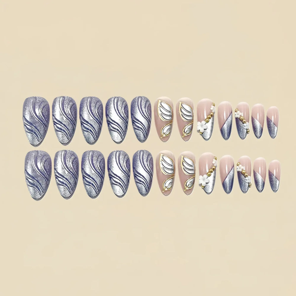 3D Flower Rhinestone Almond Press-On Nails – Grey Nude Brown Shimmer