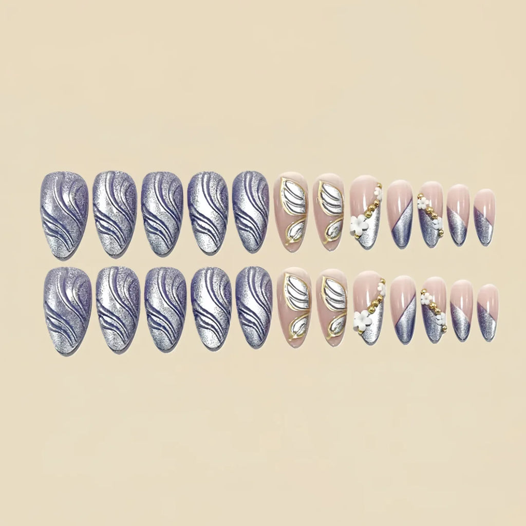 3D fake nails for women girls gradient grey nude brown shimmer almond nail tips flowers rhinestones design press on false nail