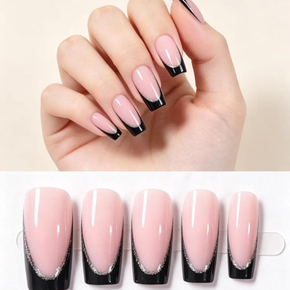 Medium long fake nails for women french style with black edge silver strips square shape full cover reusable press on false nail