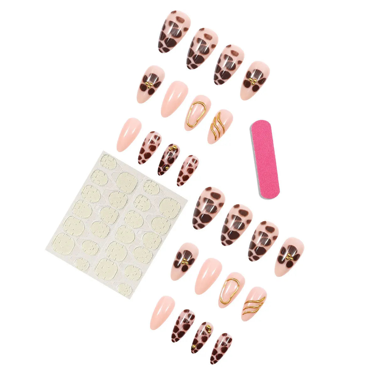 24pcs/Set Fake Nails for Women Girls Nude Color with Pink or Brown Flowers Leopard Print with Rhinestones Press On False Nails