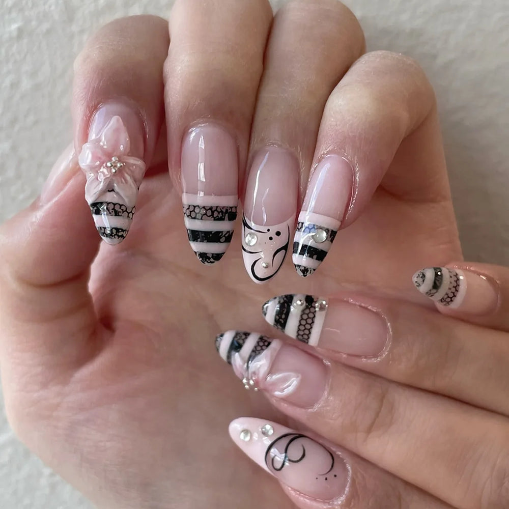 White Polka Dot 3D Flower Press-On Nails – Ballet Almond, 24 Pcs