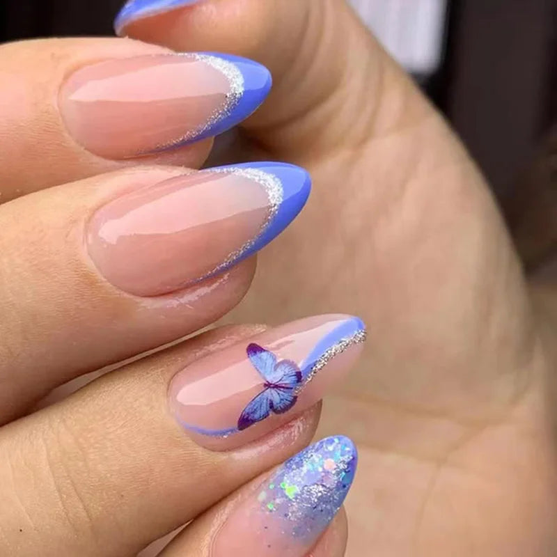 Short Medium fake nails for women girls gradient blue butterfly design for Spring summer season full cover acrylic press on nail