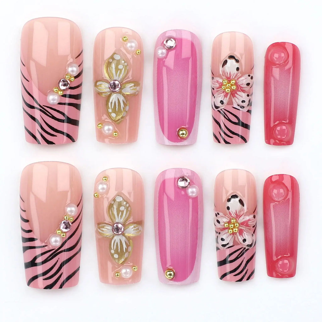 Medium Square fake nails for women 3D embossed flowers with rhinestones french style leopard print press on false nail art