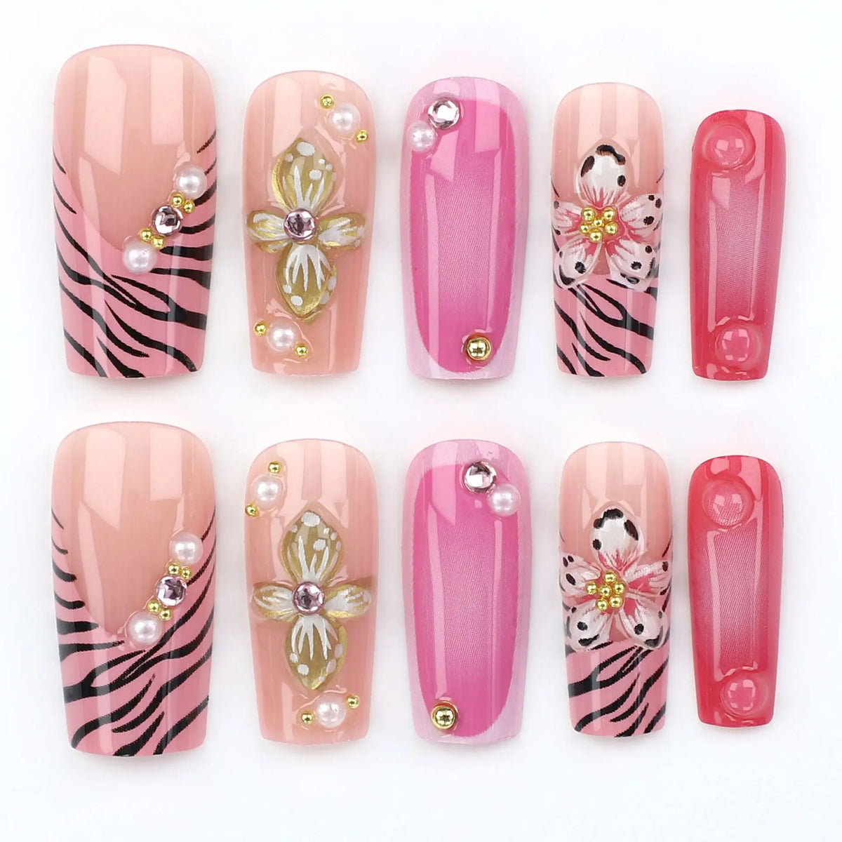 Medium Square fake nails for women 3D embossed flowers with rhinestones french style leopard print press on false nail art