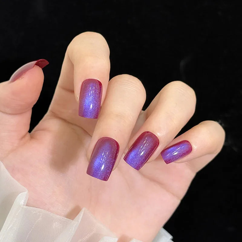 Cat-Eye Flash Gradient Press-On Nails – Pink Yellow Blue Purple, Short/Medium Square