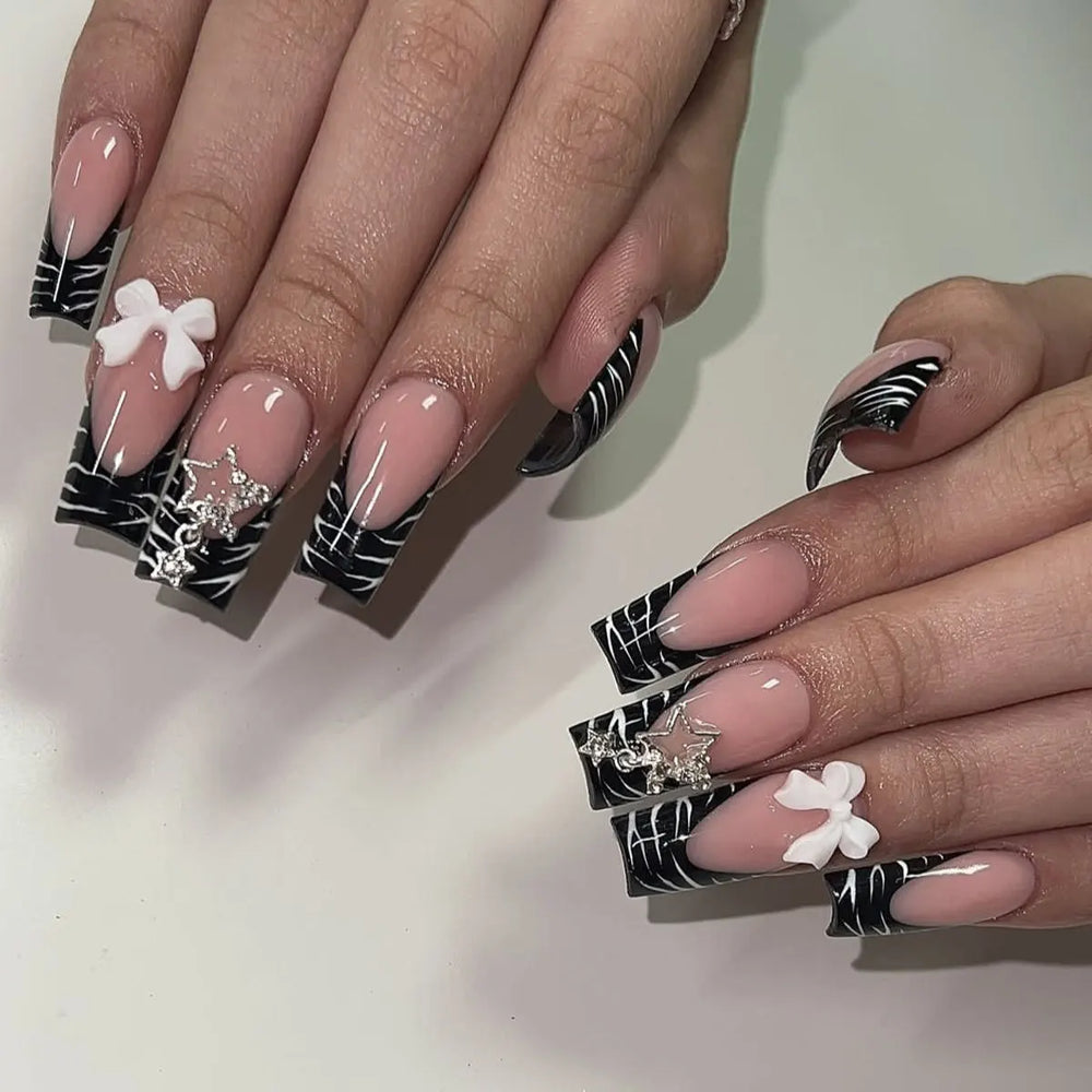 Black Cross Strap French 3D Bow Press-On Nails – Long Ballet, 24 Pcs
