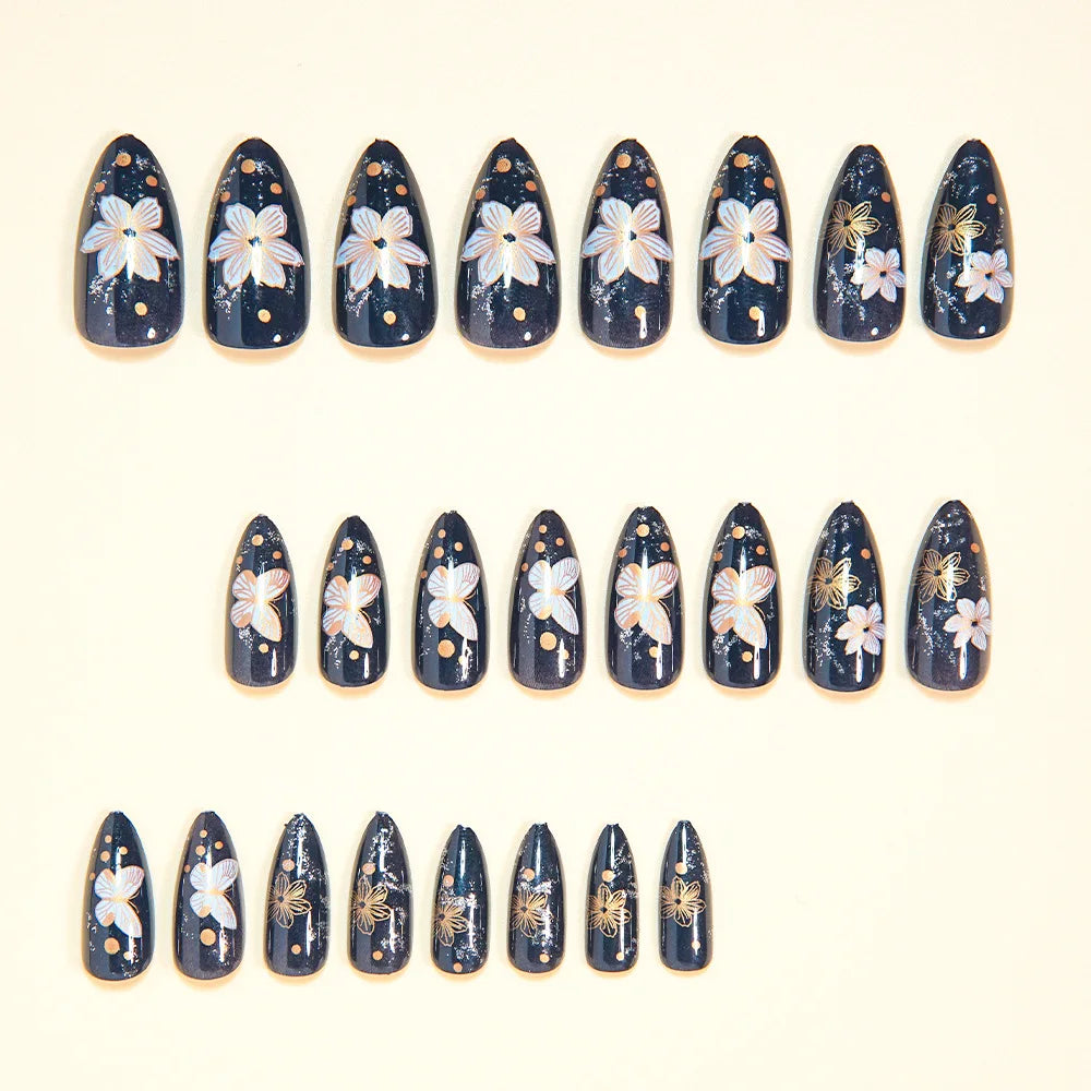 24pcs/set fake nails Glossy Navy Black almond nail tips with golden white flowers butterfly polka dots press on false nails art