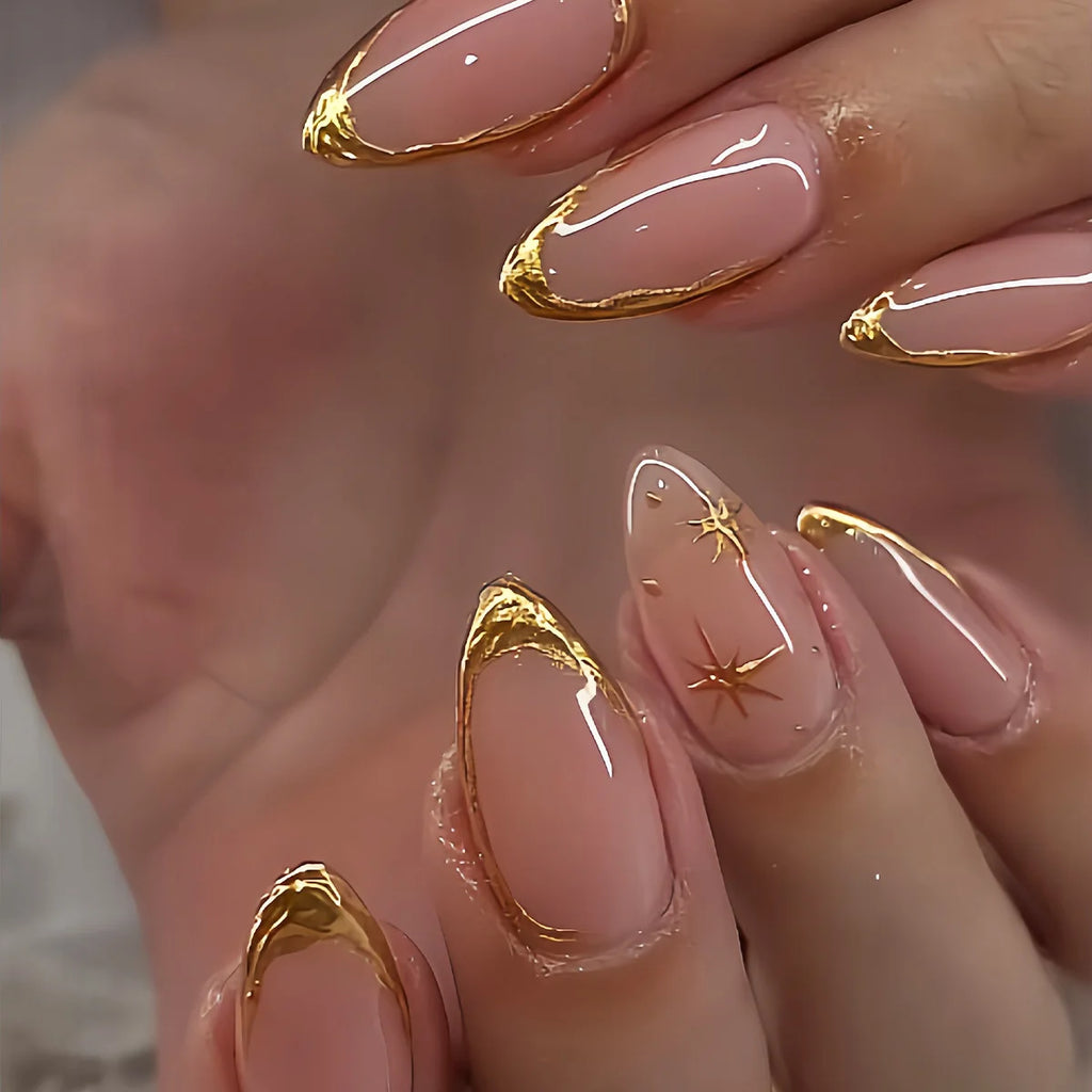 24pcs/set Nude Fake Nails with Golden Frame Star Print Full Cover Almond Shape Nail Tips Reusable Press on Artificial Nails Art