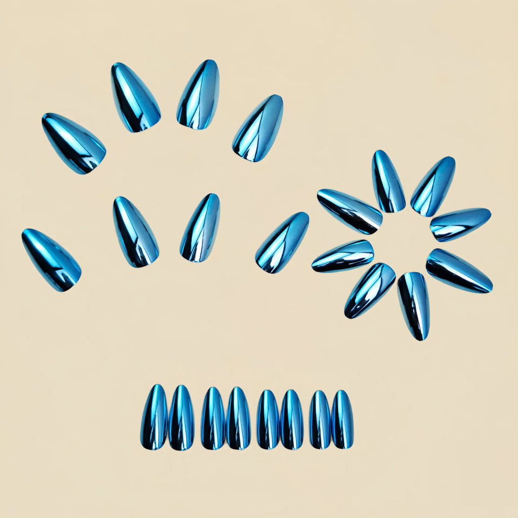 Medium fake nails for women  girls Holographic Plated champagne blue glossy almond nail tips full cover press on false nail art