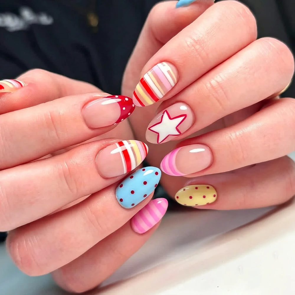 Colorful Star & Stripe French Y2K Press-On Nails – Almond, 24 Pcs