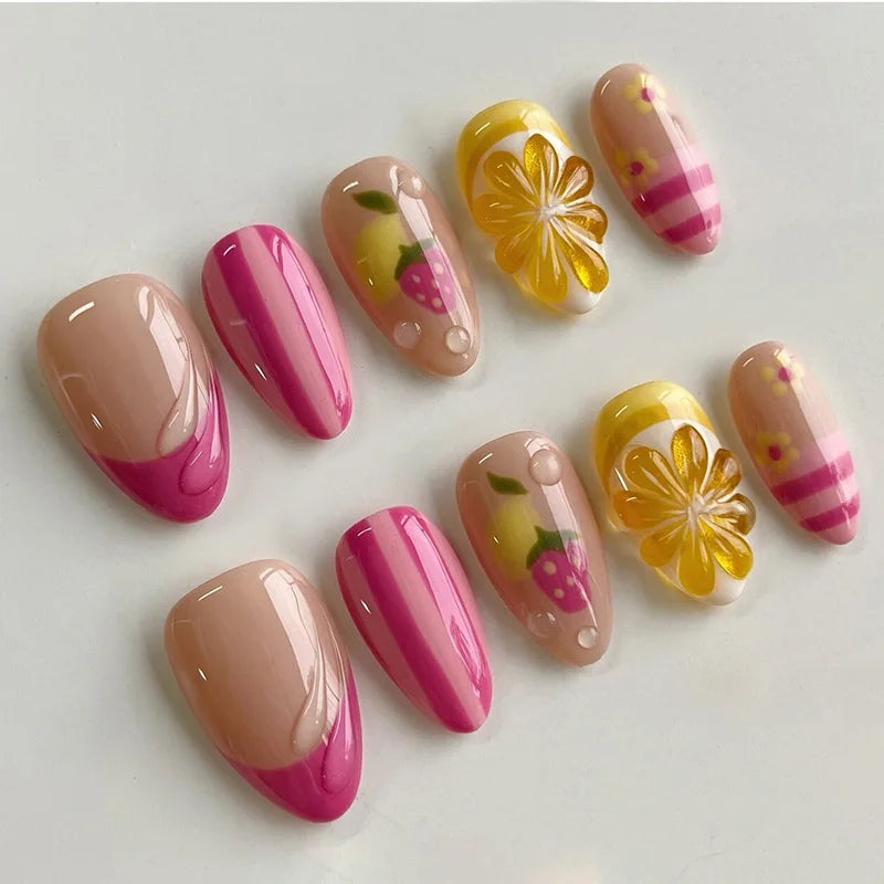 Strawberry Pink Plaid 3D Bow Press-On Nails – Almond, 24 Pcs