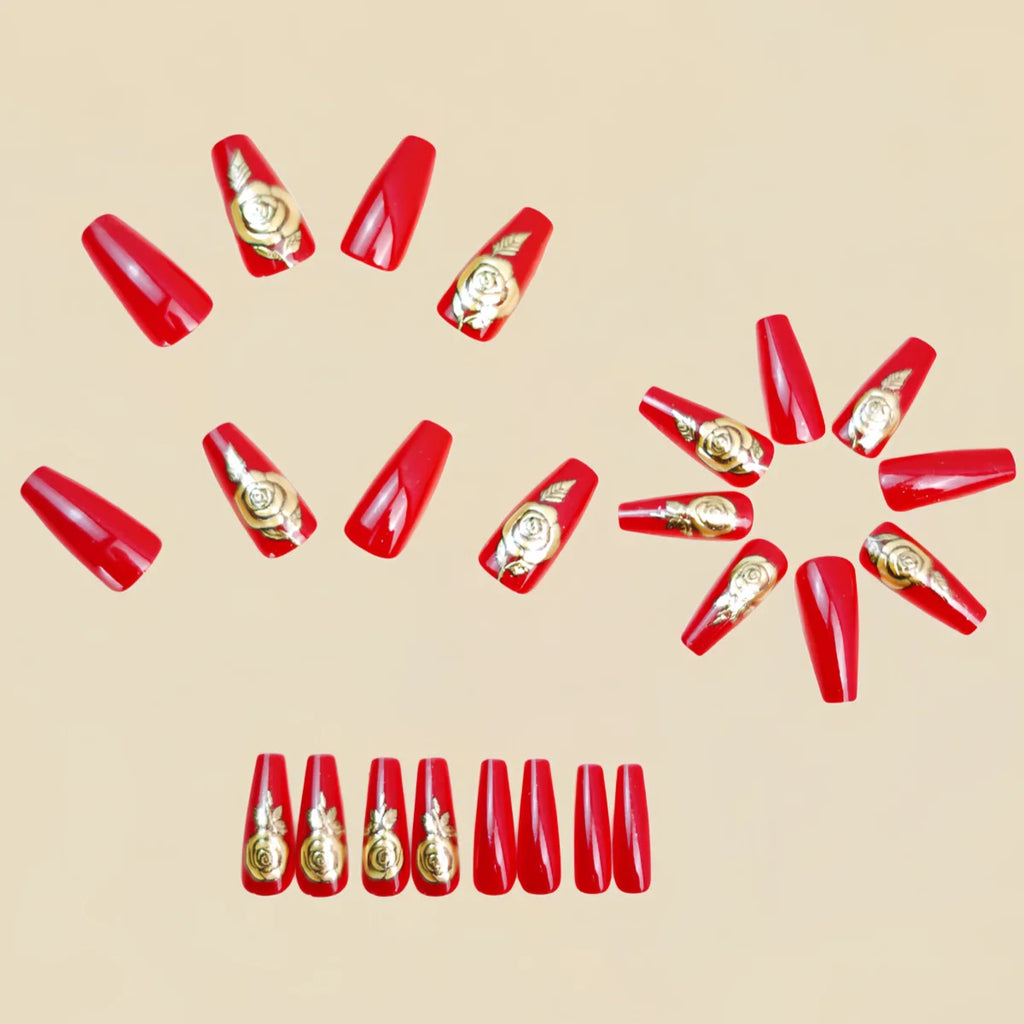 Medium Long Fake Nails for Women Golden Gilding Rose Flowers Blue Red Square Ballet Full Cover Nail Tips Press On False Nail Art