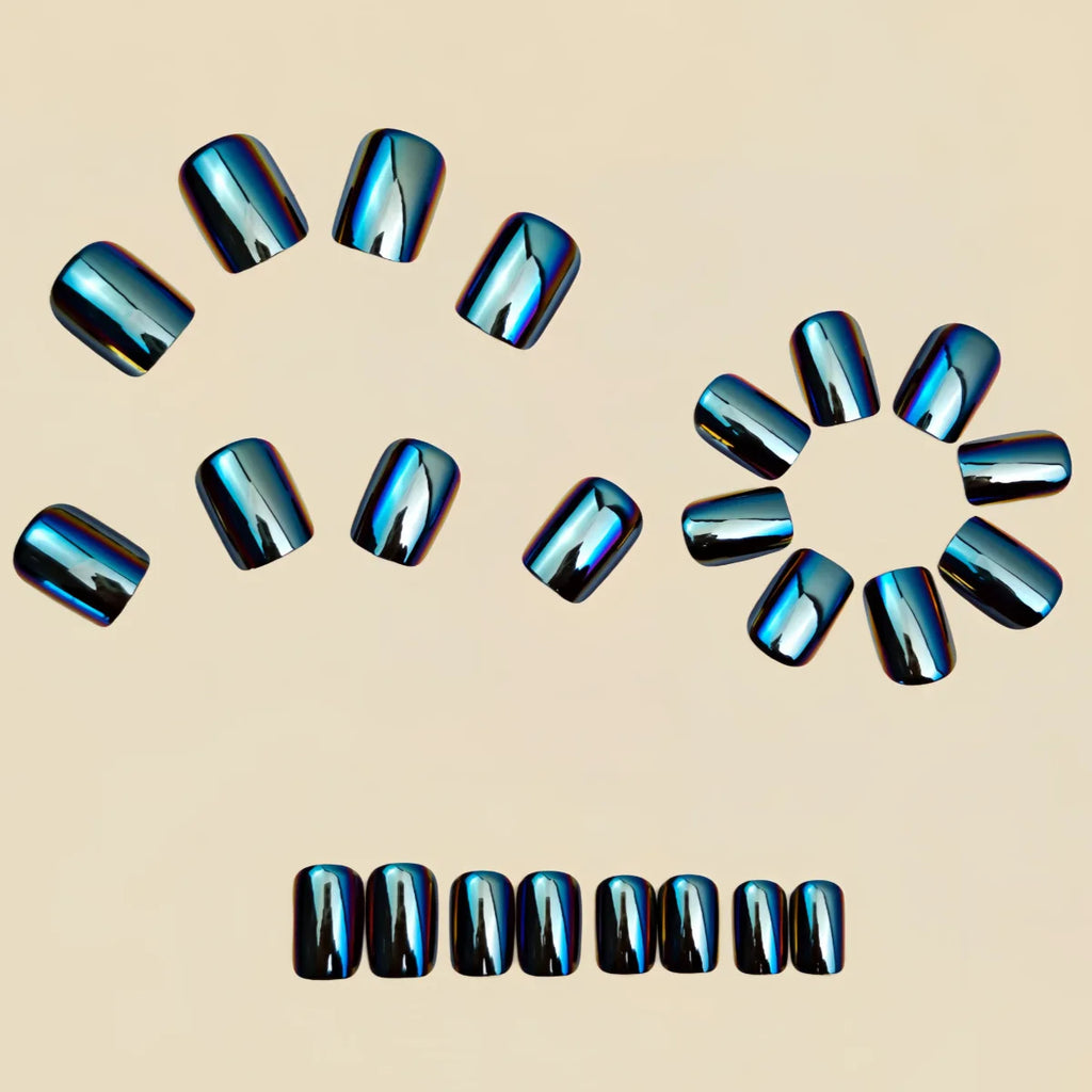 Short Medium fake nails for women girls Purple blue pink electric plated glossy square nail tips press on false nail enhancement