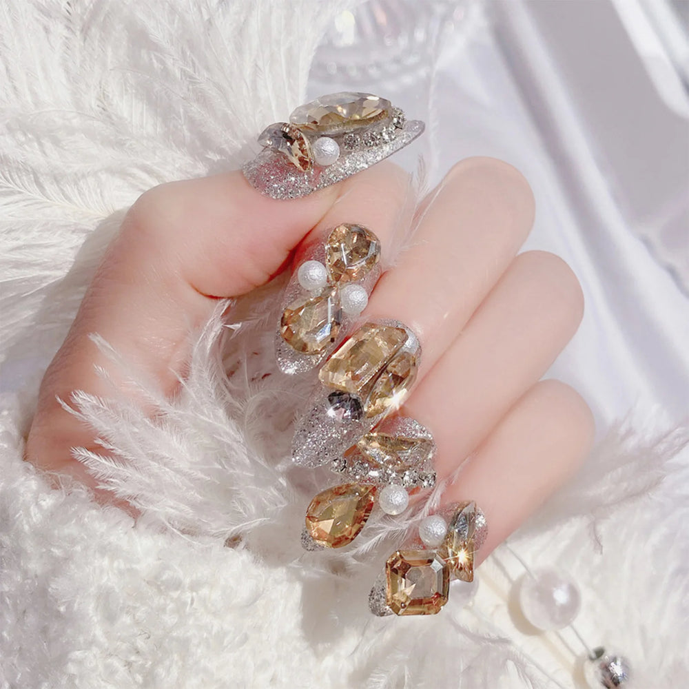 Glitter Rhinestone Pearl Bow Press-On Nails – Long Square, 24 Pcs