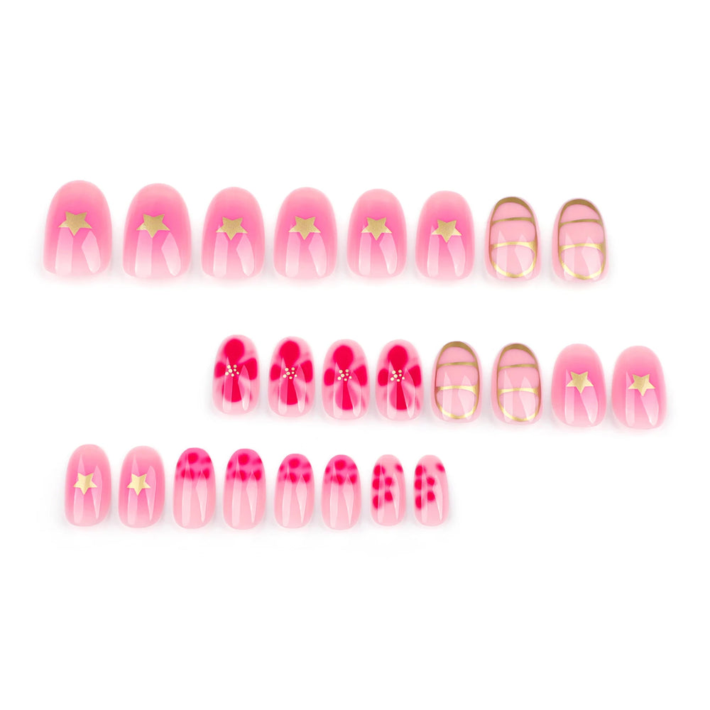 Sweet Pink Flower Gold Stripe Press-On Nails – Short Almond, 24 Pcs