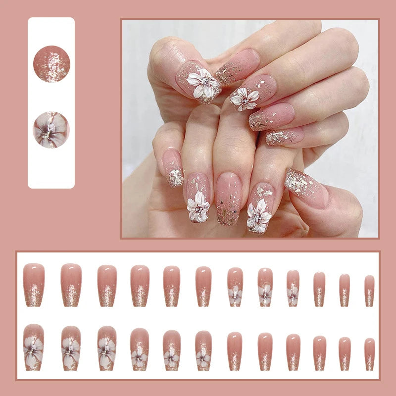 Medium Long Fake Nails for Women Girls Nude Pink Colors with Flowers Sparkling Glitters Square Ballet Tips Press On Nails Art