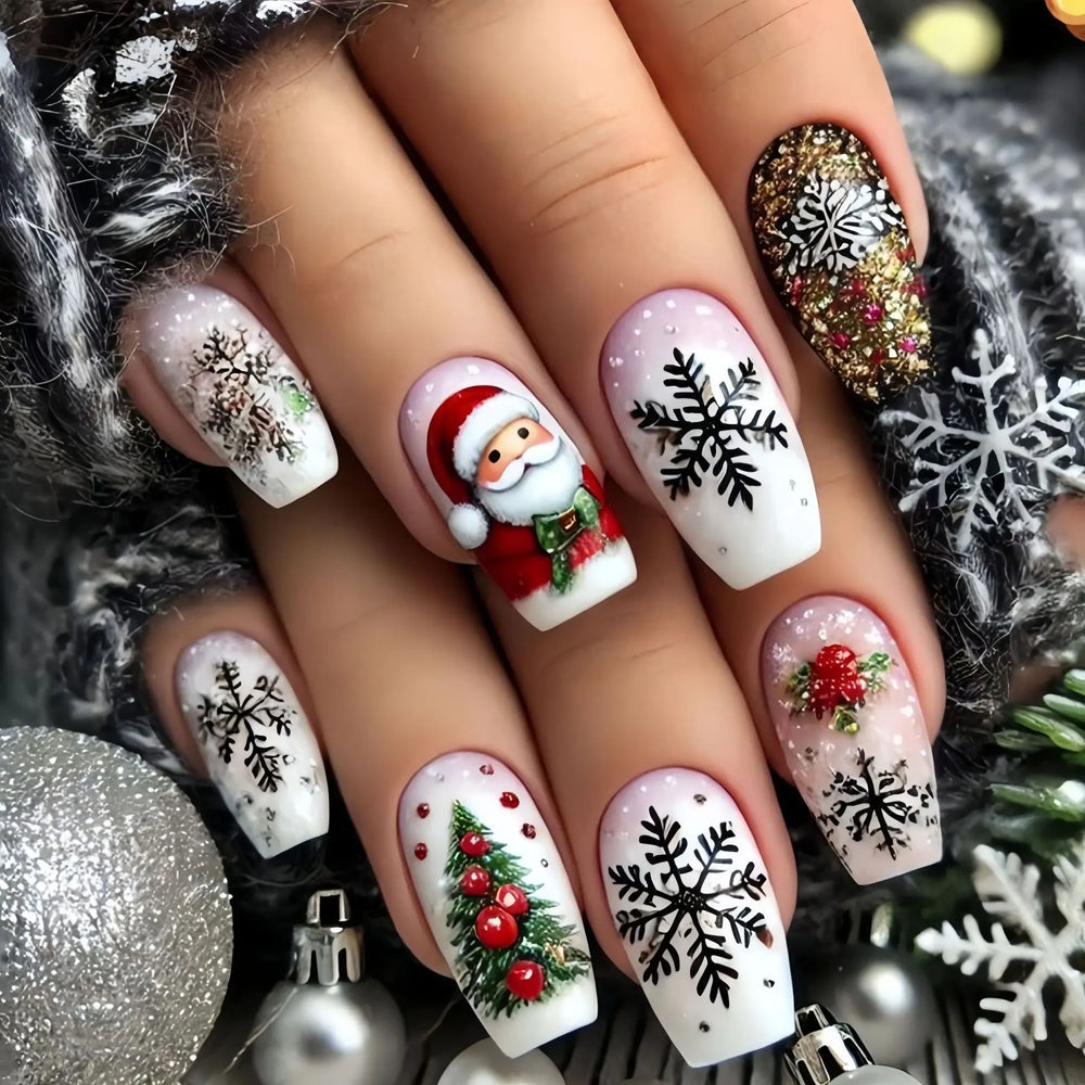 Christmas Santa, Reindeer & Snowman Press-On Nails – Almond Square, Short/Medium