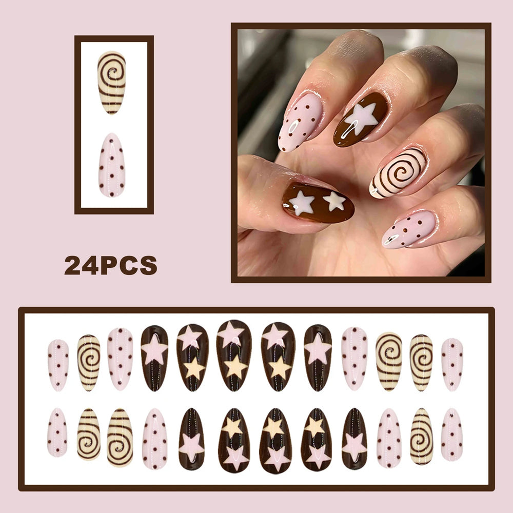Pink Brown Spiral & Star Polka Dot Press-On Nails – Almond, 24 Pcs
