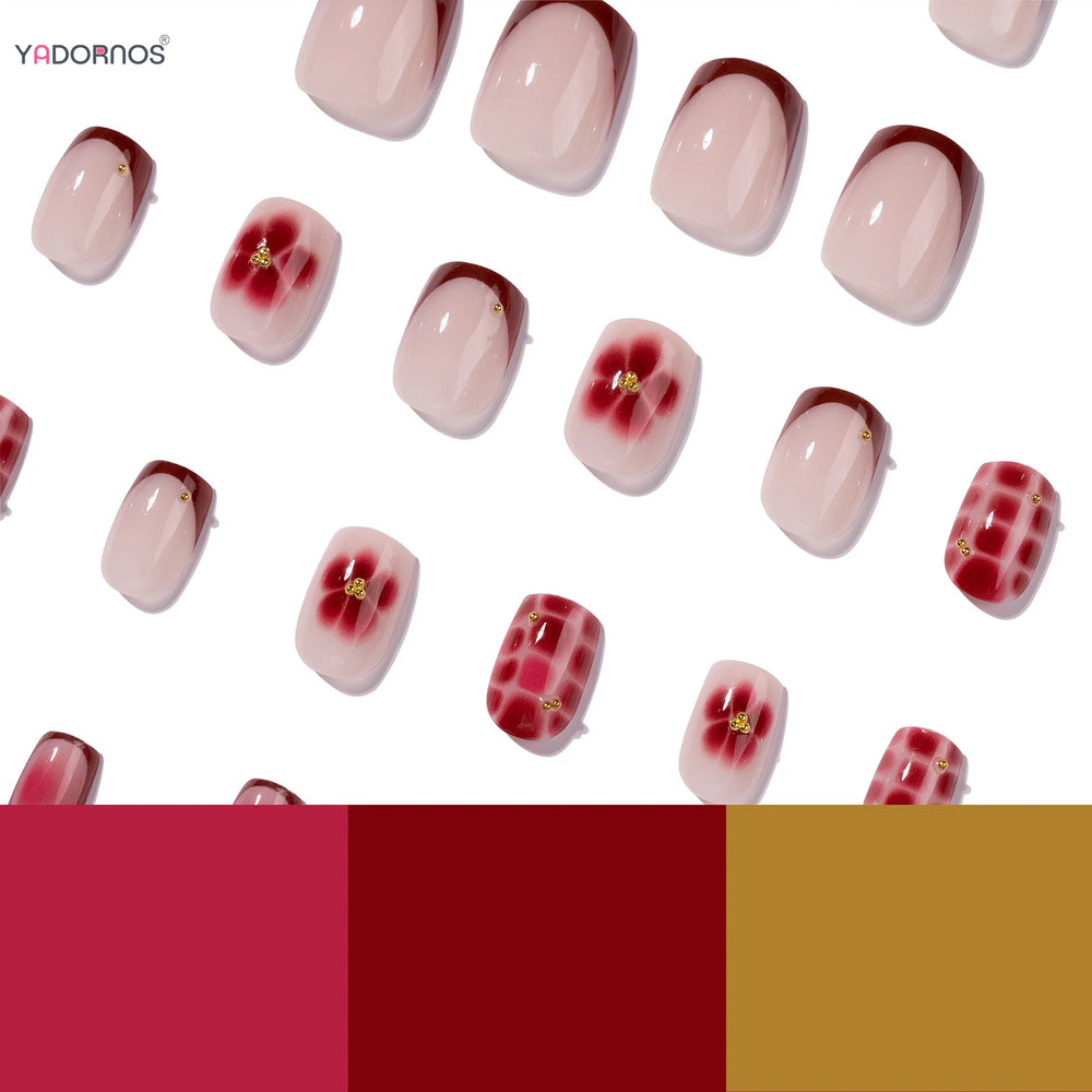 Wine Red Smudged Flower Gold Bead Press-On Nails – Short Square, 24 Pcs