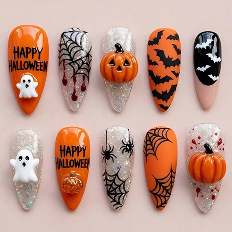 Cute Ghost Pumpkin & Bat Halloween Press-On Nails – Almond, 30 Pcs