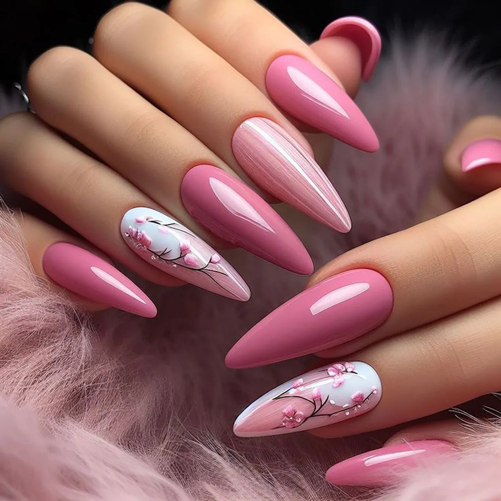 Pink Red Blue Gradient Flower Heart Press-On Nails – Almond Ballet, Medium Long, 24 Pcs