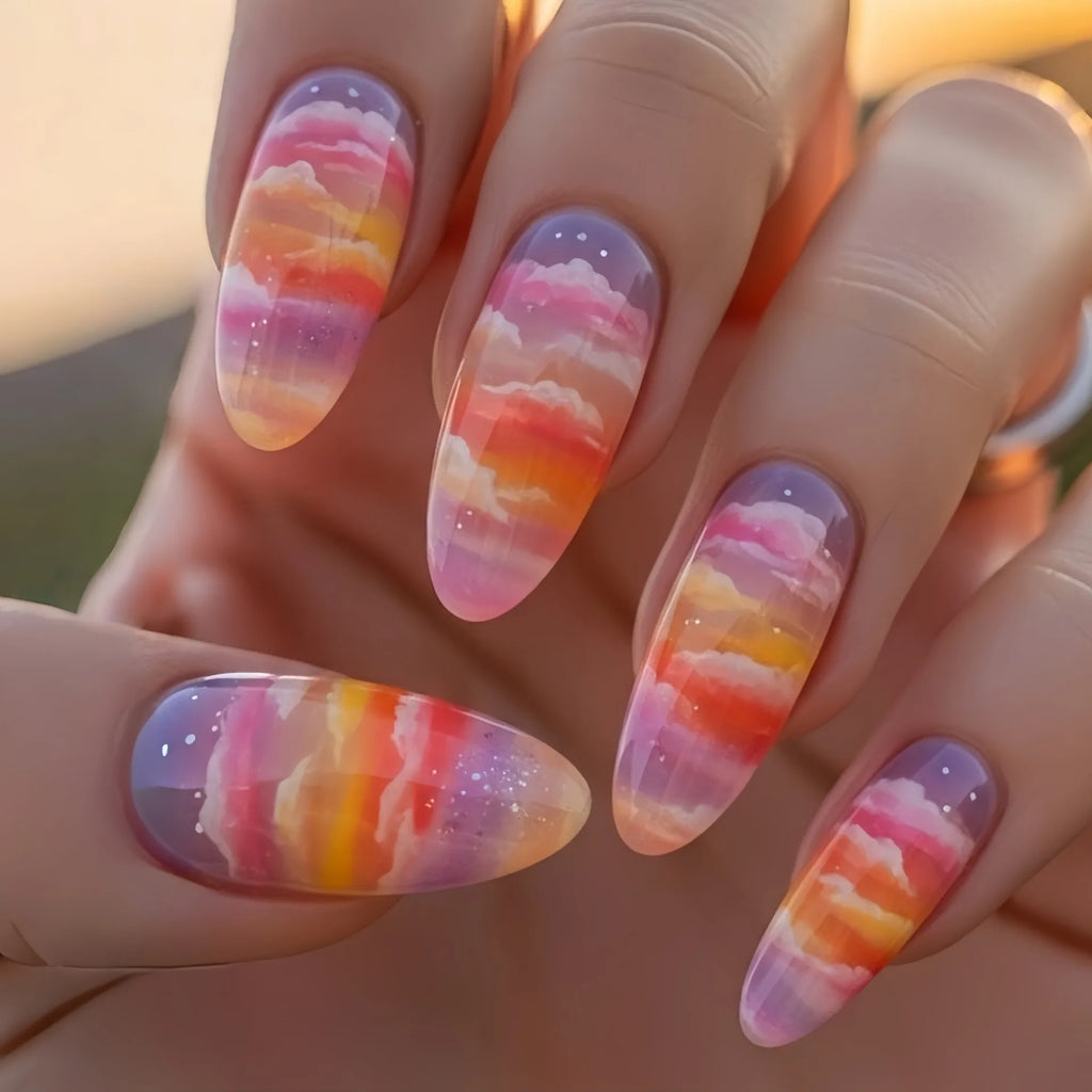 Medium fake nails for women gradient Blue purple orange Peacock Feathers Striped Clouds design Square almond tips press on nails