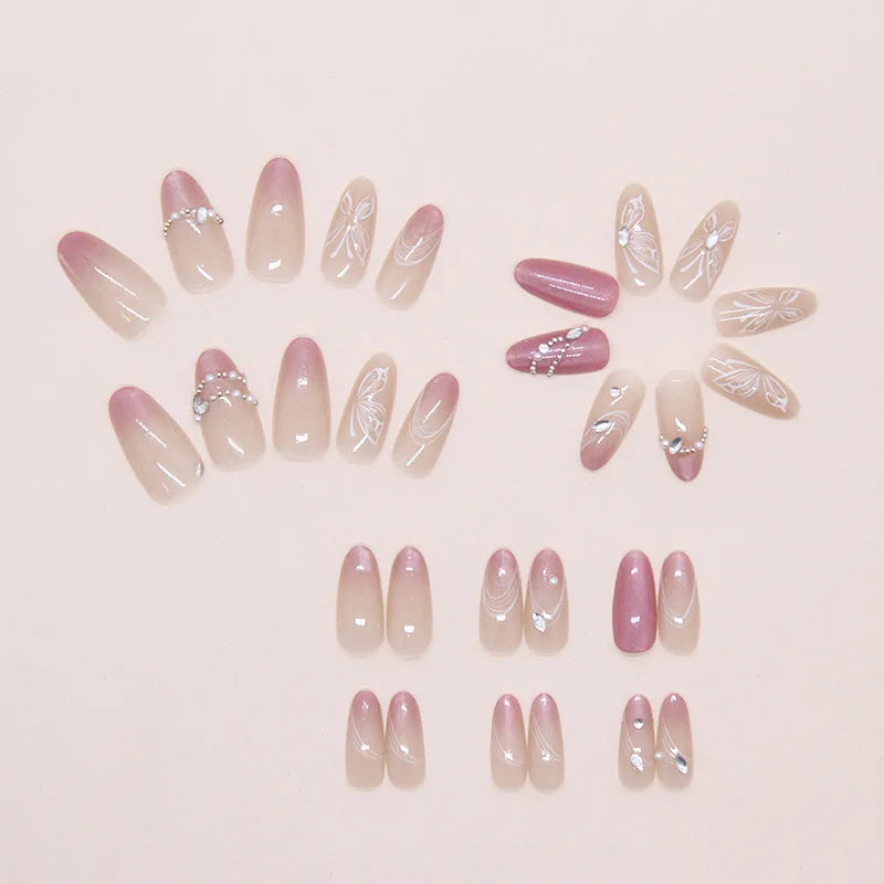 3D fake nails for women girls glossy shimmer cat eyes with flowers rhinestones design full cover almond tips press on nails art