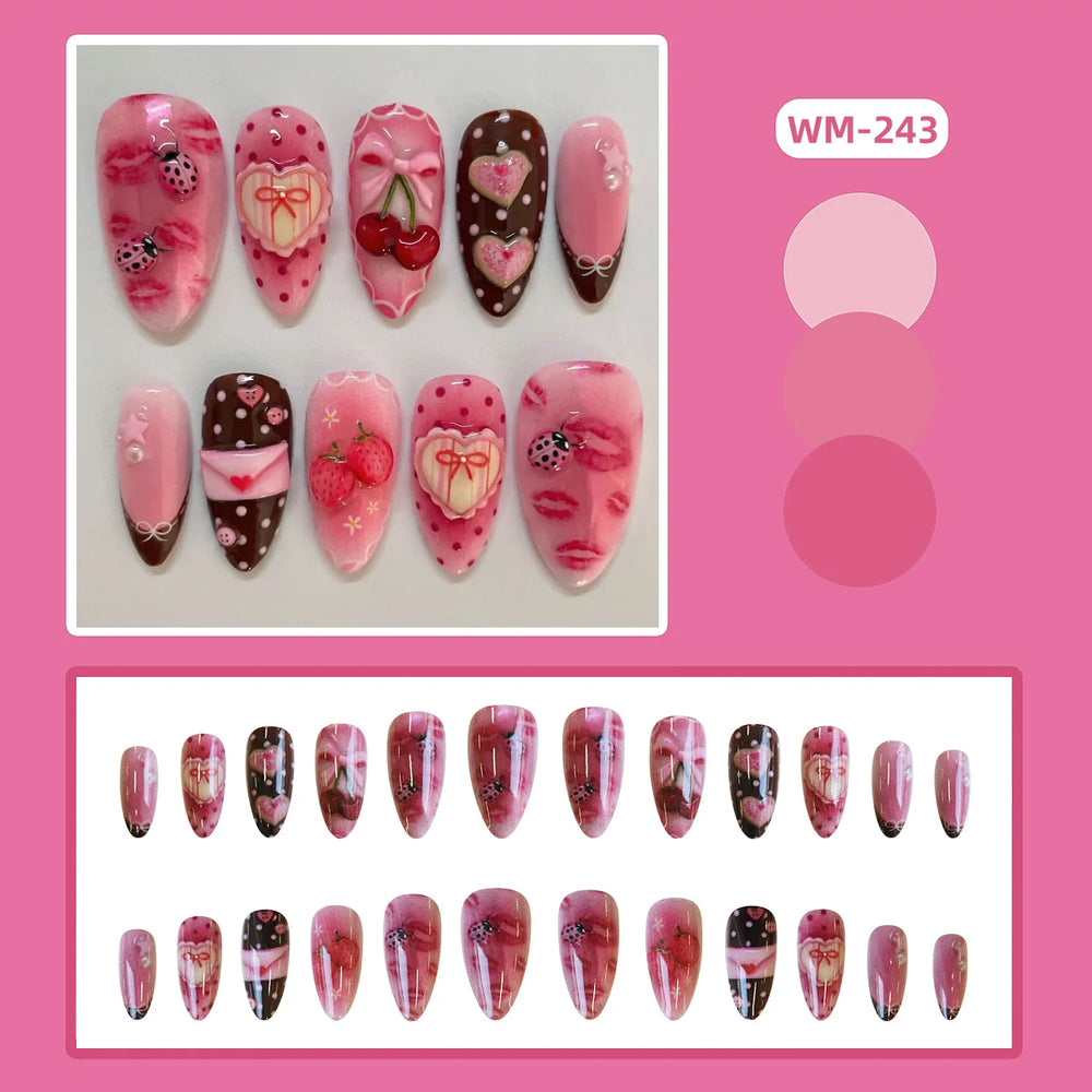 Cherry, Bow & Strawberry Blush Press-On Nails – Almond, 24 Pcs