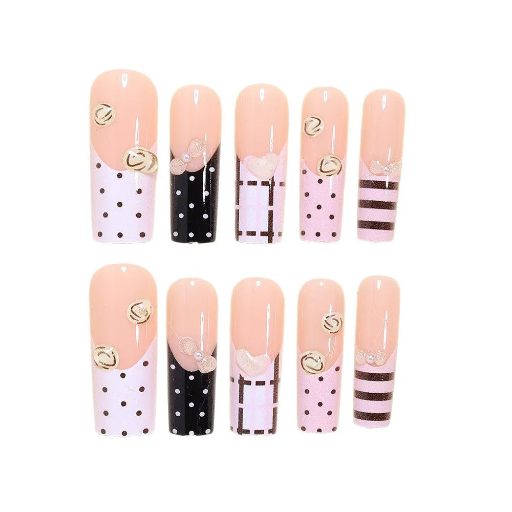 Cartoon Bow & Lollipop Polka Dot Press-On Nails – Long Square, 24 Pcs