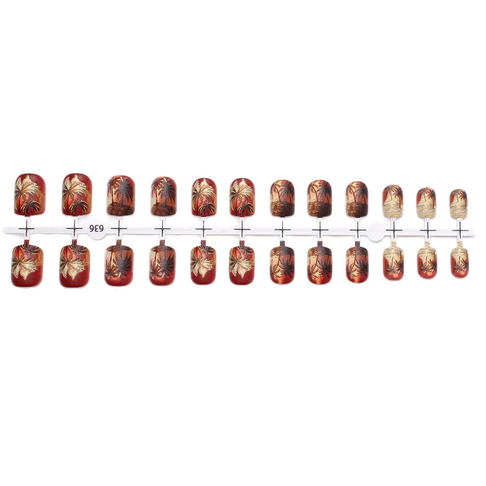 Y2K Coconut Tree Sunset Press-On Nails – Yellow Red Brown, Square, 24 Pcs