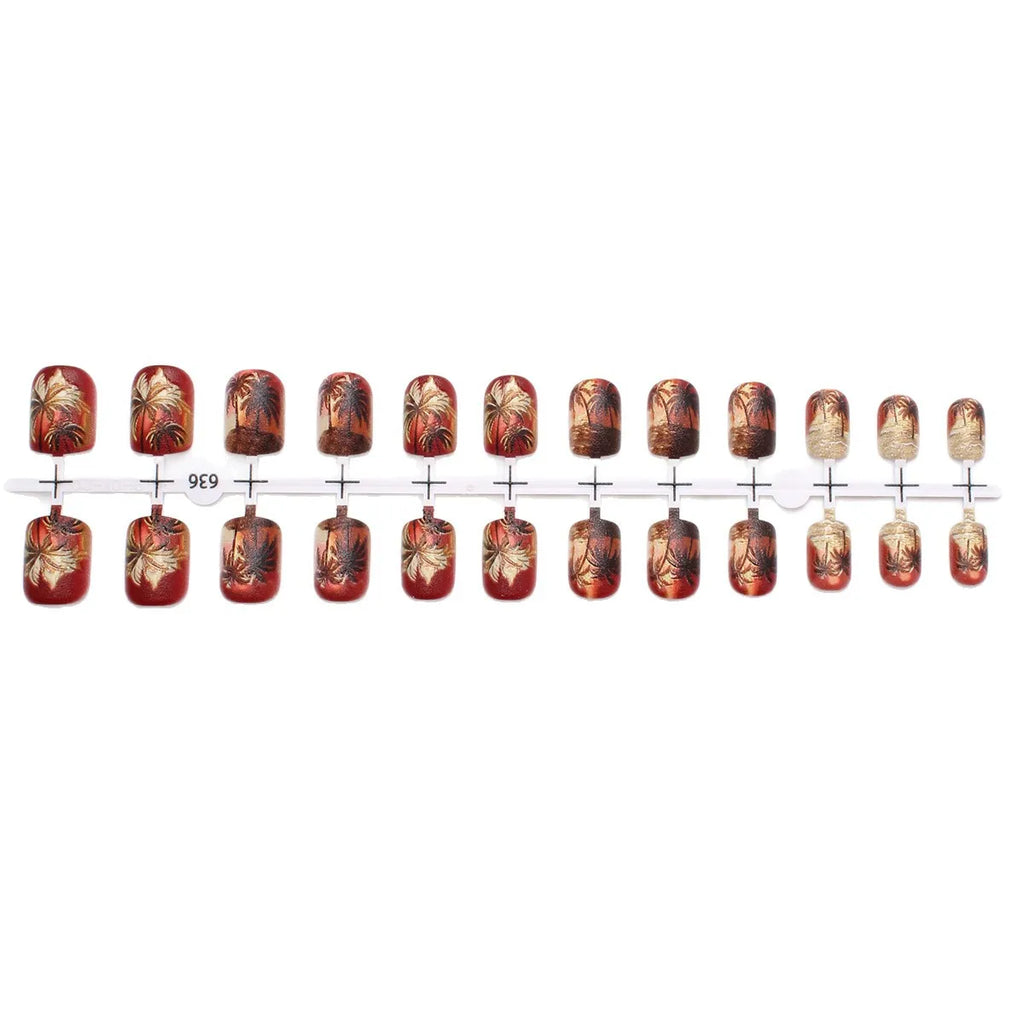 24pcs/set fake nails Y2K gradient yellow red brown colors coconut tree sunset print square shape reusable press on nails art