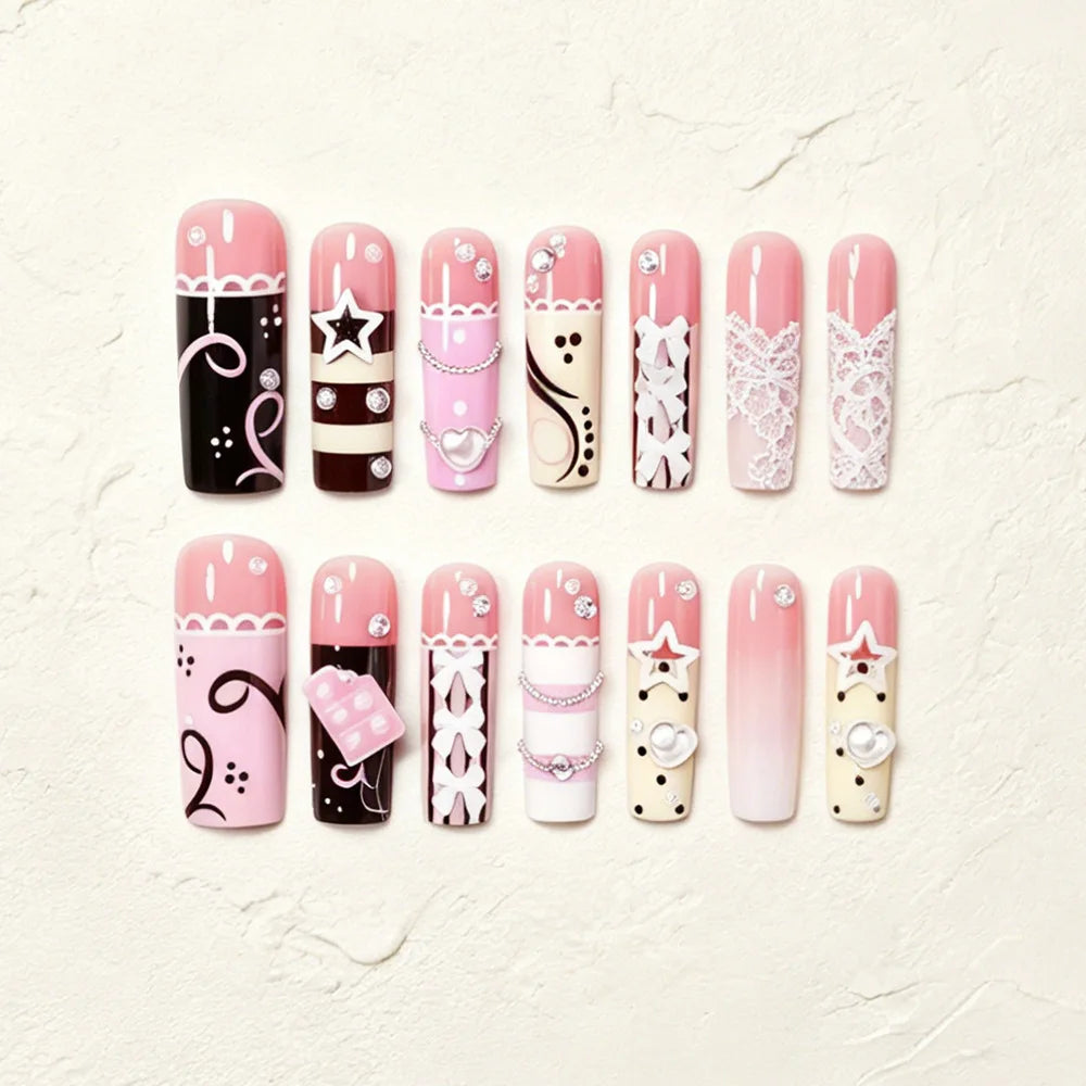 Pink & Black Stripe Polka Dot 3D Star Bow Press-On Nails – Long Square, 24 Pcs