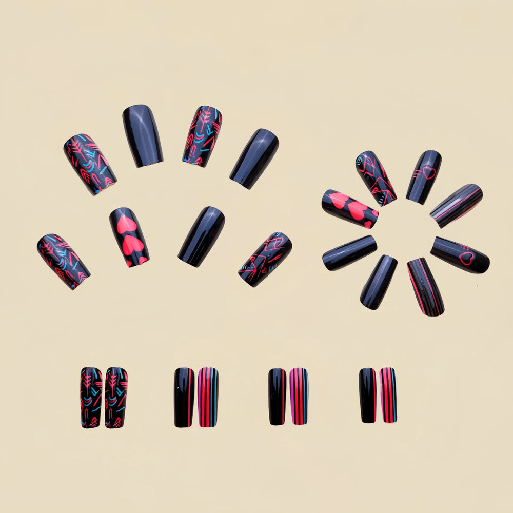 Y2K Heart Valentine's Press-On Nails – Pink Green Yellow, Medium Square